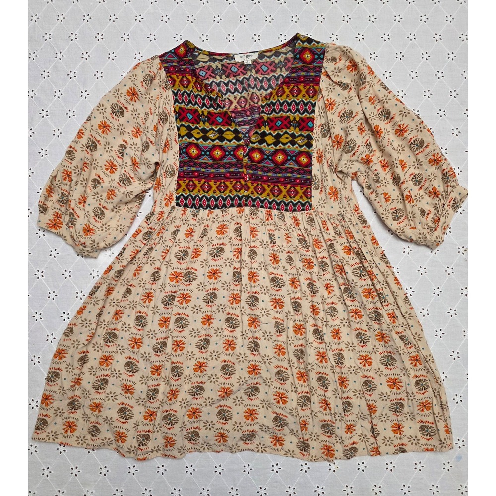 Umgee USA Small Boho Tribal Floral Mixed Print 3/4 Sleeve Babydoll Dress